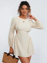 Women Spring Fall Solid Color Short Dress Long Sleeve Round Neck Hollow Out Party Club A line Dress