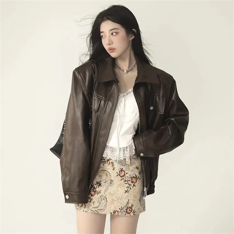 Spring Female Leisure PU Leather Jacket 2025 Women Fashion Motorcycle Leather Coat Retro Lady Long Sleeves Faux Leather Outwear