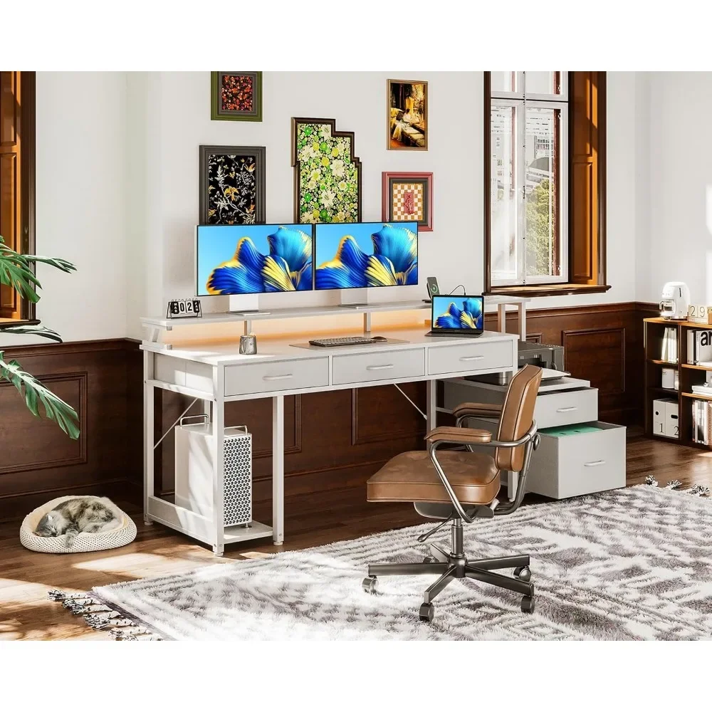 مكتب كمبيوتر مقاس 71 بوصة مع درج ملفات، مكتب مكتب قابل للعكس مع 4 أدراج ومخرج طاقة، شريط LED، مكتب مكتب منزلي مع