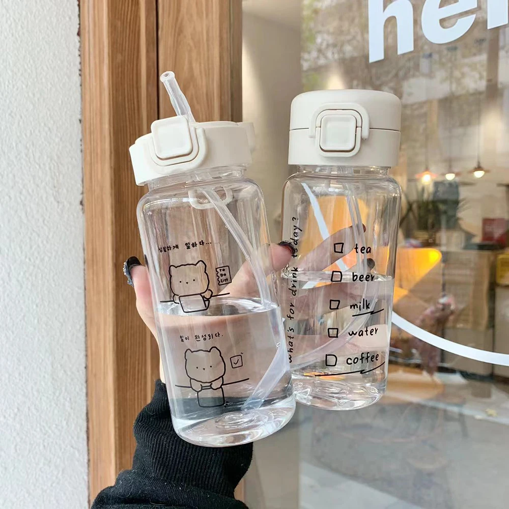 

Cute Creative Cartoon Plastic Water Bottle With Straw Portable Outdoor Leak-proof Drinking Bottle For Drinking Juice Milk Coffee