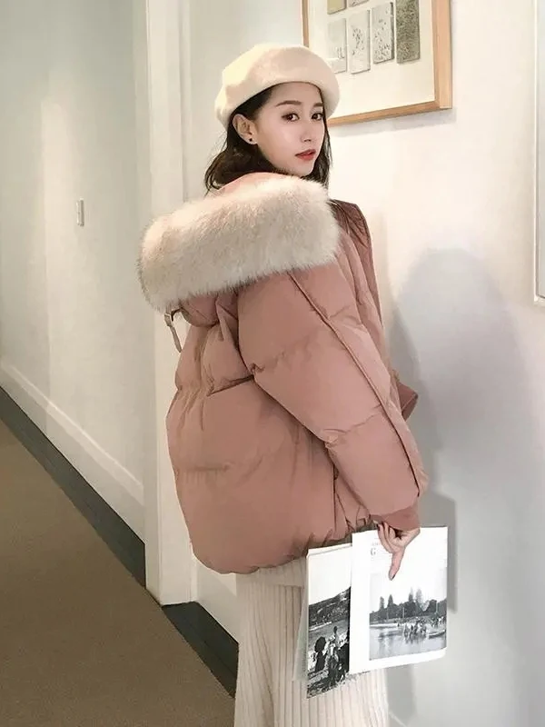 

Trendy Winter Bread Sle Jaet Thiened Cotton Coat with Fur Collar Student Friendly ort Loose Fit Zipper Closure