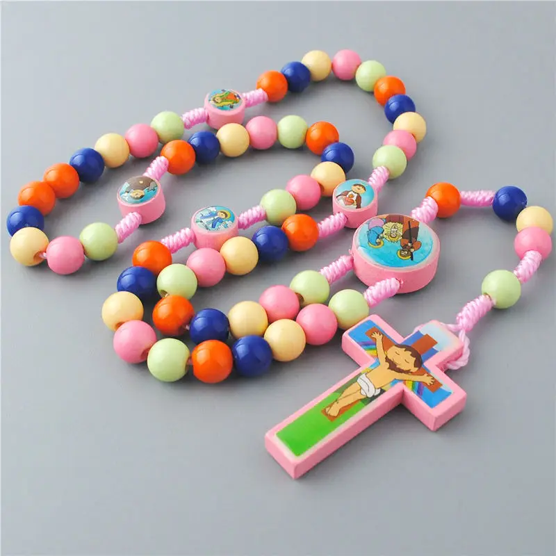 1-Piece Set Cartoon Colored String Cross Prayer Beads Necklace Jewelry for Communion Baptism - Multicolor Faith-Based Accessory