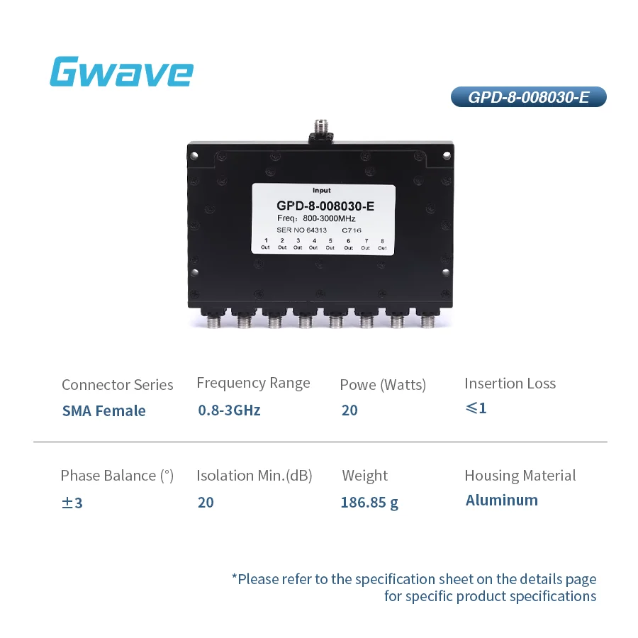 GPD-8-008030-E 8-Way Power Divider 50 Ohm for Connector Coaxial Connection From 0.8 GHz to 3 GHz Rated at 20 Watts