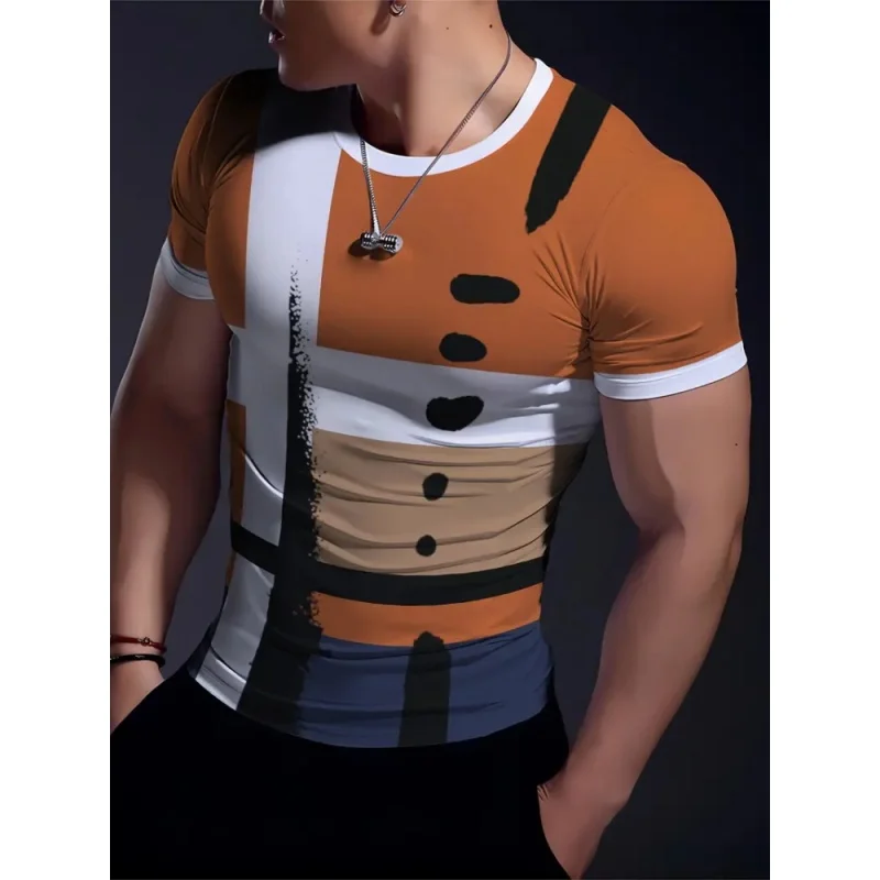 3D Printed Colorful Stripes Splicing T-Shirt For Men Color Block Pattern Tees Fashion Casual Tops Street Sport O-Neck T Shirts