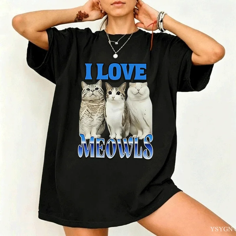 I Love Meowls Funny Meme Cat OWL T-shirts T Shirt Men Women Fashion Hip Hop T Shirt Casual Cotton Short Sleeve Oversized T-shirt
