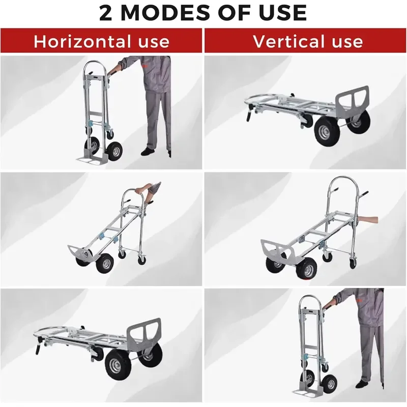 4-Wheel Convertible Aluminum Trolley 350 kg Load-Bearing Hand Truck/Cart for Warehouse Home-Use Convertible Wheelbarrow