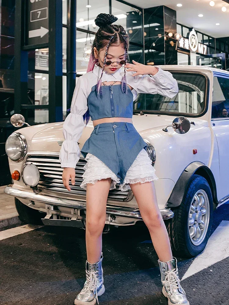 

Urban Street Jazz Dance Children's Clothes K-pop Stage Outfits Blue White Fashion Cool Clothes for Girls Y2K Runway Show