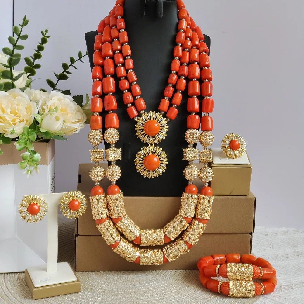 

Aczuv african wedding nigerian coral bead jewelry set natural original