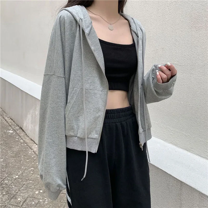 Lucyever Casual Hooded Sweatshirt Women Black Gray Y2K Zip Up Cropped Hoodies Female Harajuku Long Sleeve Loose Sports Jacket