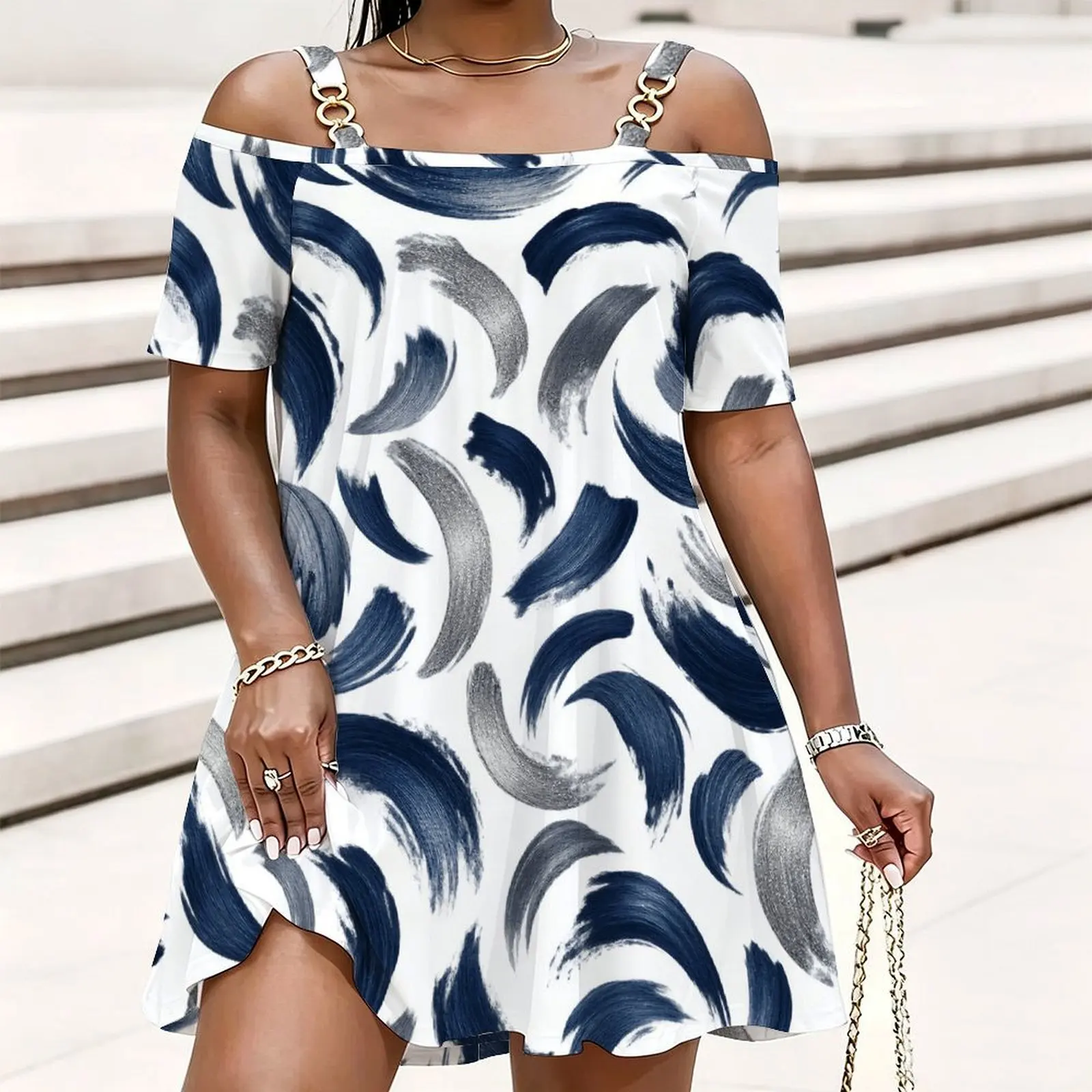 Women White Base Blue Gray Brush Stroke Print Cold Shoulder Chain Strap Short Sleeve Loose Top