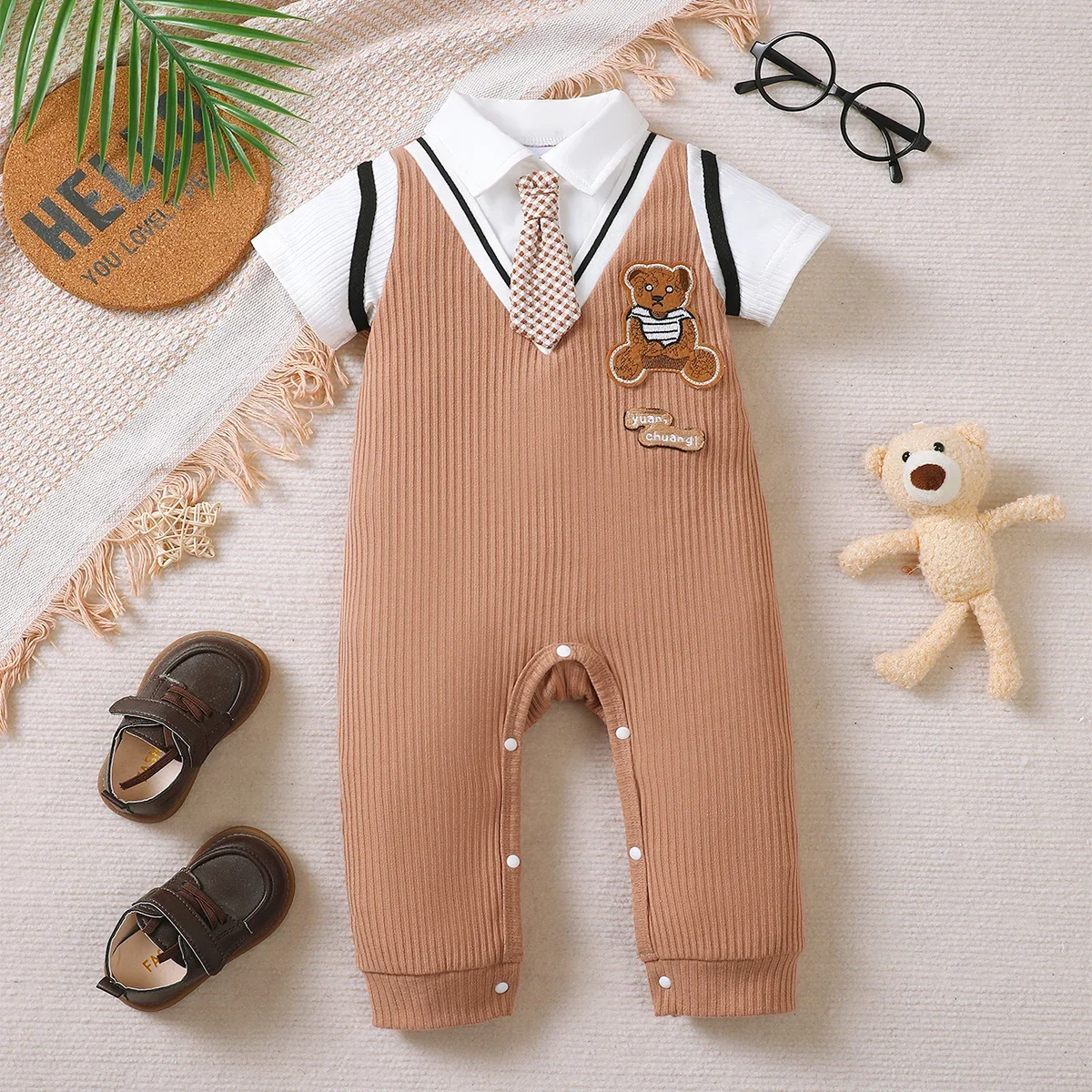 

Birthday Clothing New Gentlemen Romper with Tie Short Sleeved Baby Onesie Summer Daily Wear Bodysuit for Toddler Boy 1-18 Months