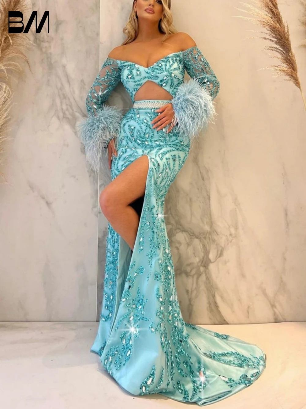 Luxury Two Pieces Evening Dress Party Beaded Feathers Customized Sexy Side Slit Floor-length Prom Dresses Vestidos De Novia