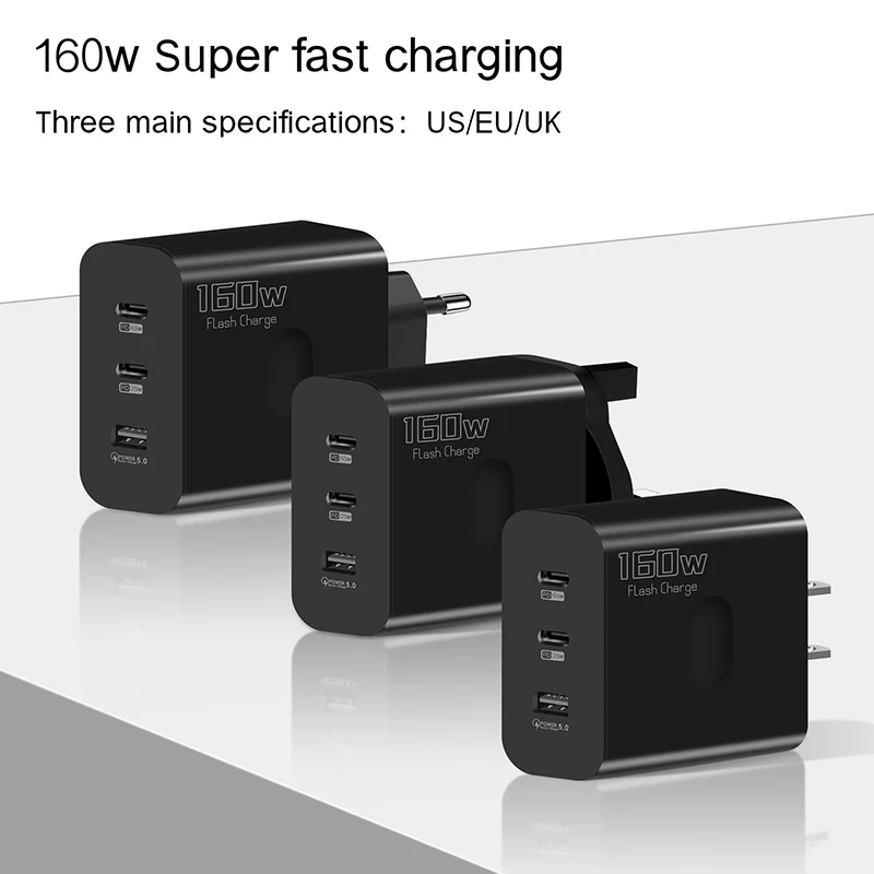 160W USB Type-C Phone GaN Charger USB-C PD Fast Charging Power Adapter For Huawei Xiaomi Realme For Tablet