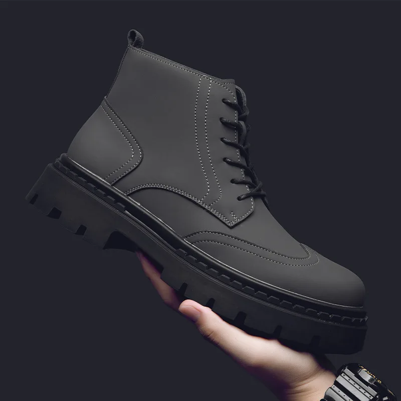 British style men casual autumn winter boots lace-up genuine leather shoes cowboy ankle boot youth cool platform botas masculina