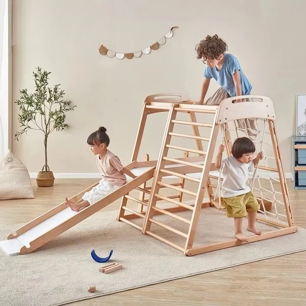8 in 1 Indoor Games Kids Climbing Ladder Jungle Gym Set With Slide Swing Climbing Net Montessori Wooden Climber Play Set