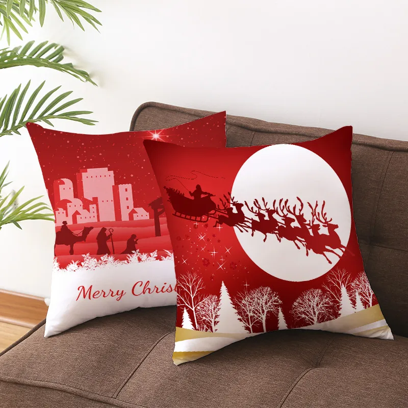 Merry Christmas  Gift Decoration Pillowcase Red  Print Cushion Cover Home Sofa Festive