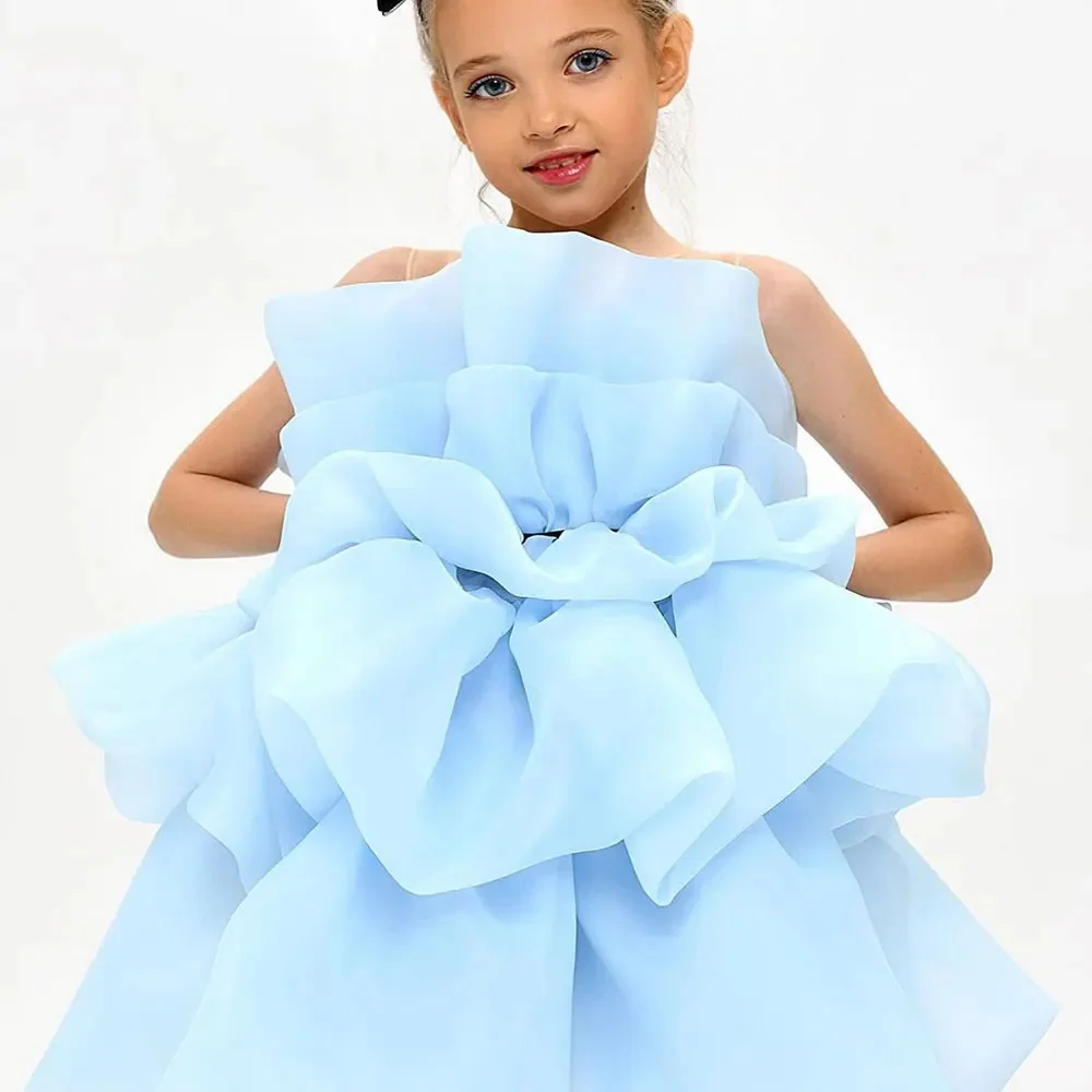 Bonito sem mangas inchado na altura do joelho vestido da menina de flor para o casamento céu azul elegany crianças festa aniversário primeira comunhão vestidos baile