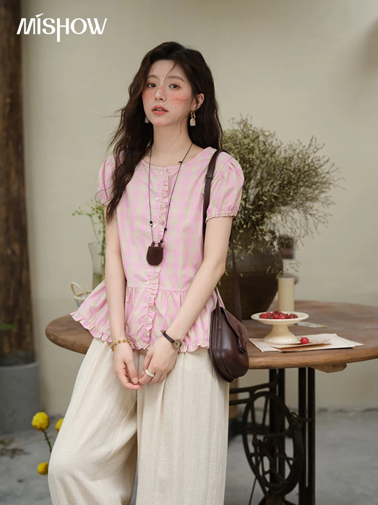 

MISHOW Women's Puff Sleeve Plaid Button Shirt 2025 Summer New Fashion O-Neck Wood Ear Casual Shirt Cotton Pink Top MXE39X1932