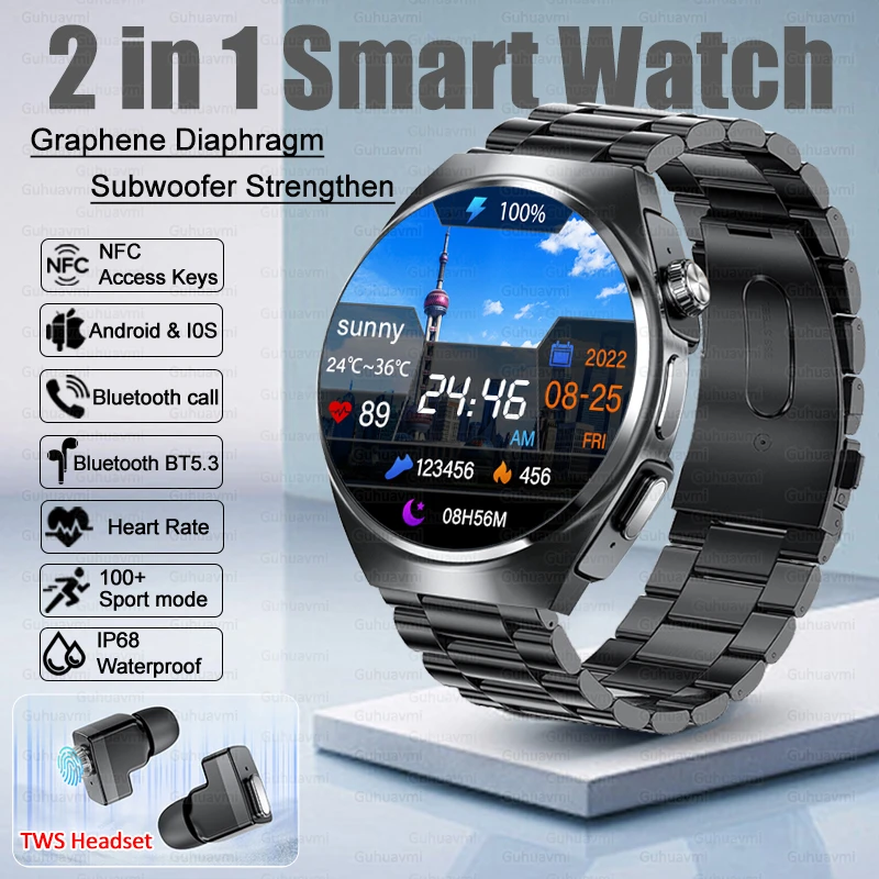 With Earbuds Bluetooth Headset NFC Smartwatch Women Speaker Tracker Music Sport Watches Men Waterproof Smart Watch AMOLED Screen