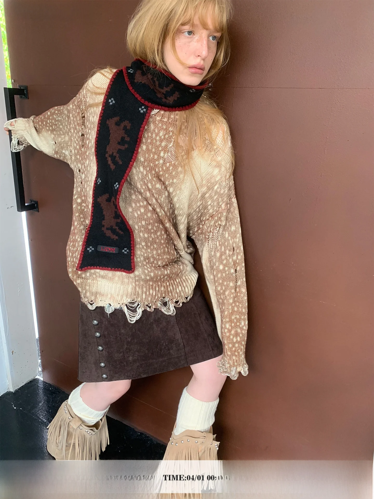 

1JINN STUDIO Винтажный вязаный свитер с узором «Олень» и вырезами, женский, свободный, с круглым вырезом, большой размер, зимняя мода