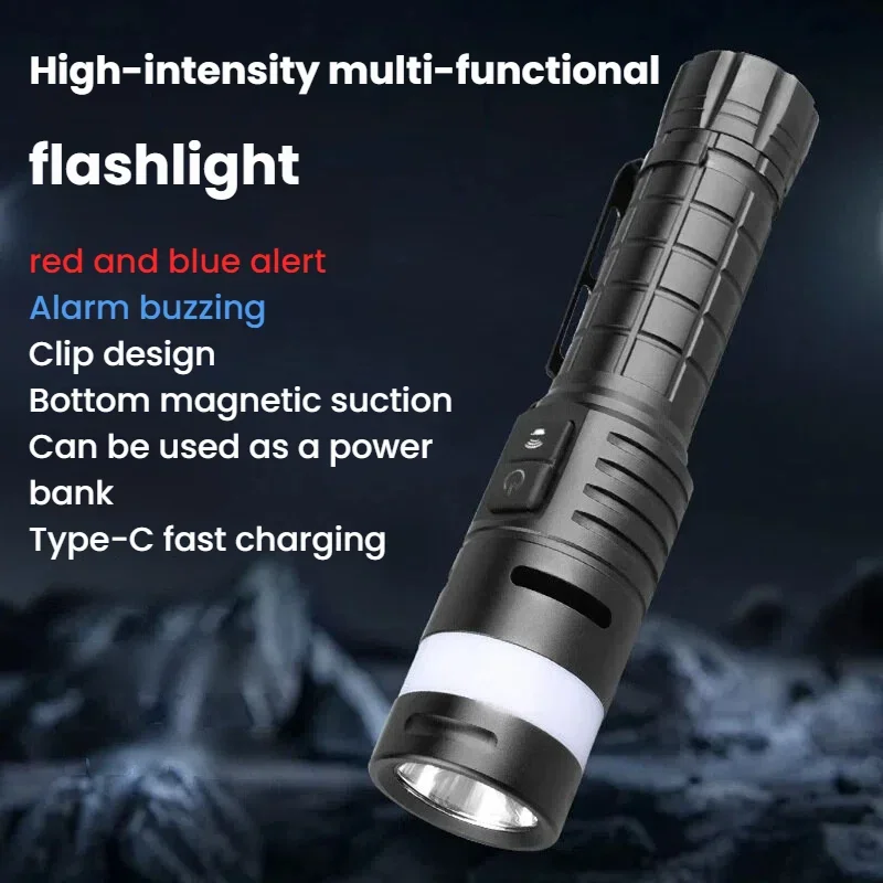Multi Functional Super Bright LED Flashlight Magnetic Work Light Red and Blue Warning Light Type-C Charging for Outdoor Camping