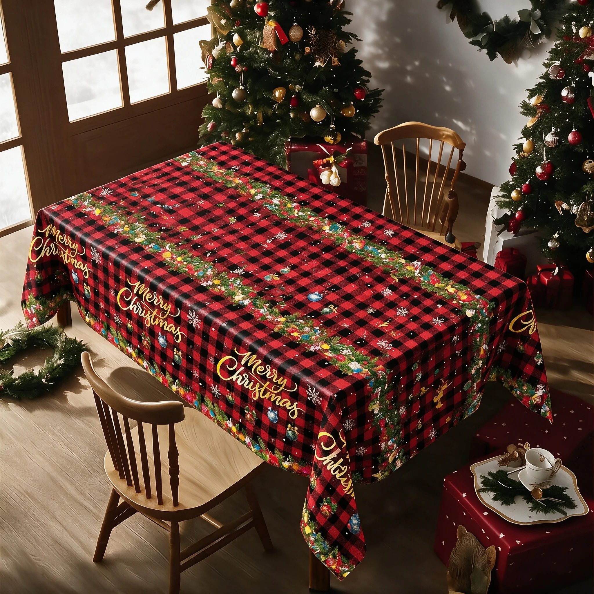 2027 Christmas Checkered Candy Style Disposable Tablecloth Christmas Dining Table 2d Flat Christmas Party Decoration New Year