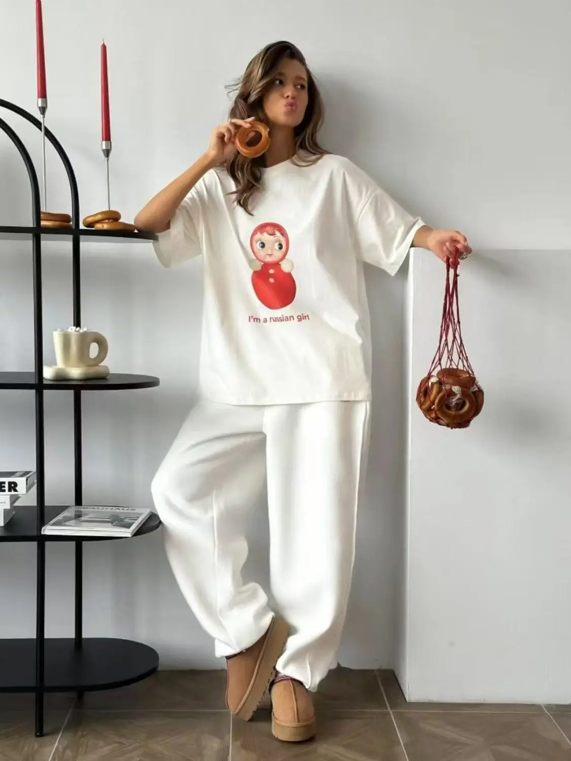 Cartoon Russian Girl Print 100% Cotton Short Sleeve Oversized T Shirt Women Summer Casual Europe Loose Graphic T Shirts 2025