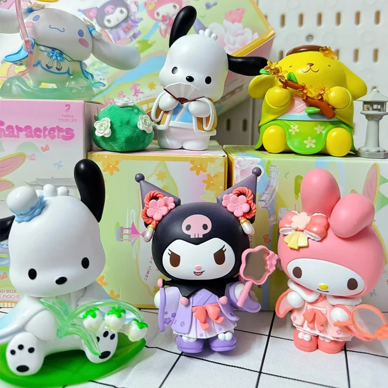 

Miniso Blind Box Sanrio New Rhyme Flower Clothes Series Blind Box Kuromipacha Pochacco Big Ear Dog Cute Dolls Surprise Box Gifts