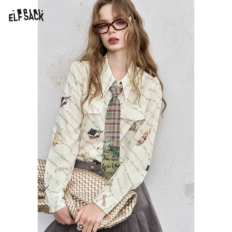 ELFSACK Women's Preppy Cartoon Print Blouse with Pocket Details, Long Sleeve Lapel Top for Everyday, Graphic Button Down Shirt