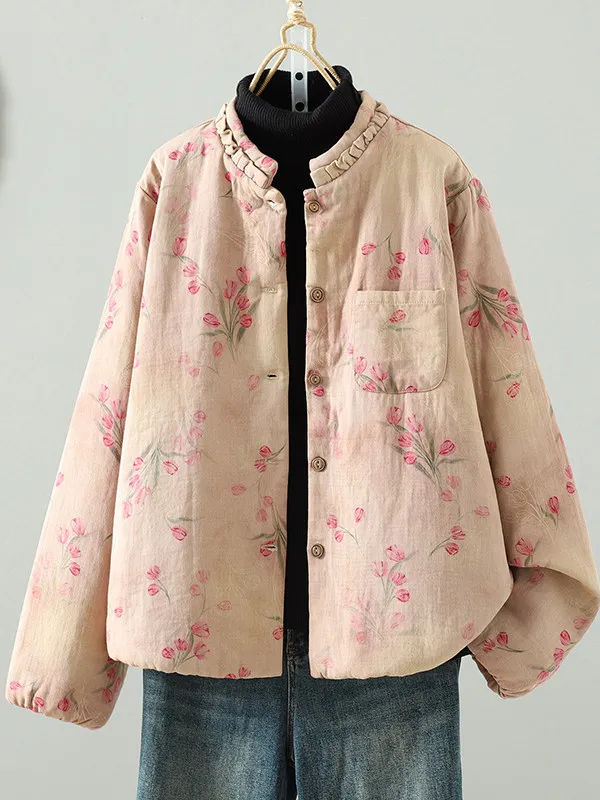 

Теплая хлопковая женская куртка большого размера, новая китайская верхняя одежда в стиле ретро с художественным принтом на пуговицах, повседневная зимняя длинная све