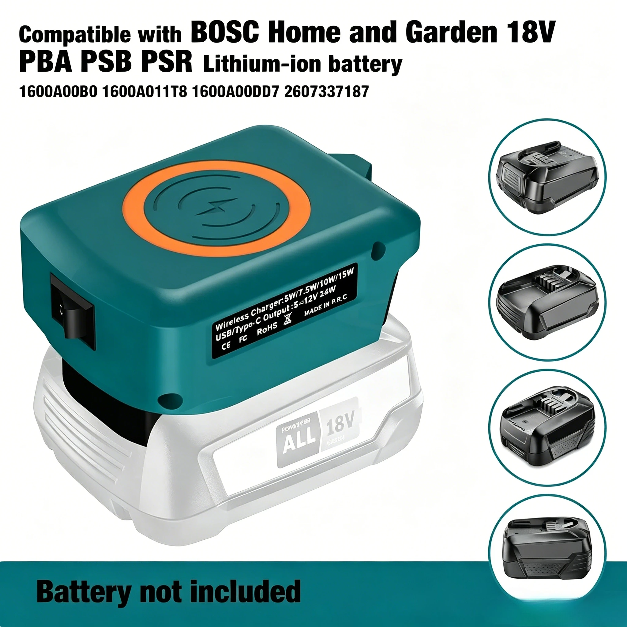 15W Wireless USB Charger Adapter for Bosch 18v PBA Series Battery Charging Station Adapter for Phone with Type-C