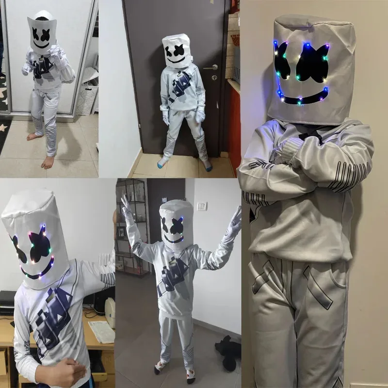 

Хэллоуин Marshmellow DJ светодиодная маска косплей детский костюм толстовки + брюки + маска + перчатки 4 шт. комплект детский музыкальный подарок для рождественской вечеринки для мальчиков
