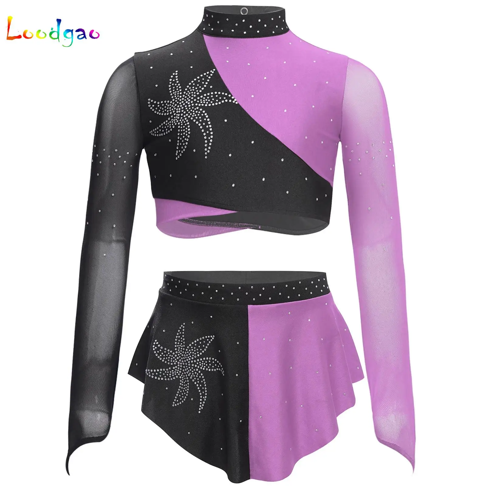 

2Pcs Girls Lyrical Dance Outfit Jazz Ballet Gymnastic Dancewear Sheer Mesh Crop Top And Skirt Rhinestone Modern Dancer Costume
