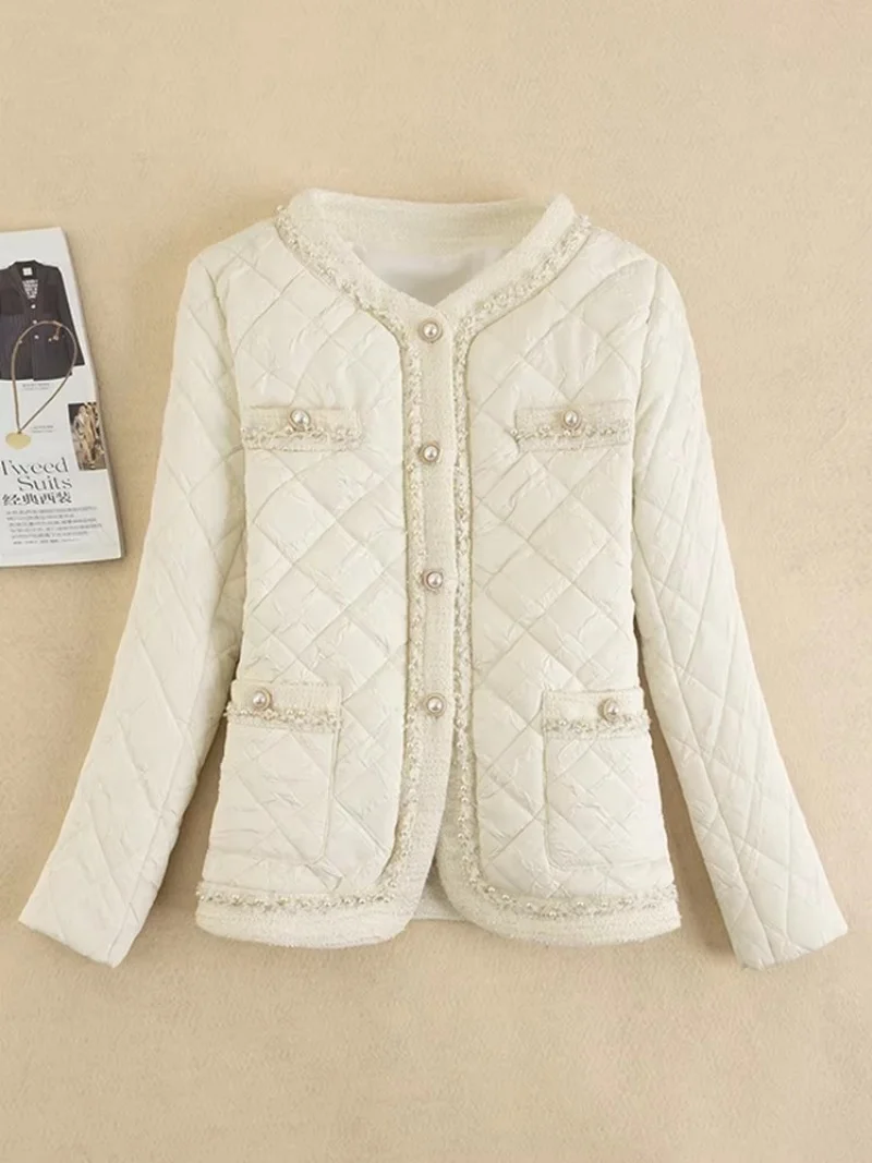 Women's Beaded Jacket Diamond Pattern Cotton Blazer Short Round Neck Suit Jacket for Women Autumn Winter Fashion Outerwear W1995