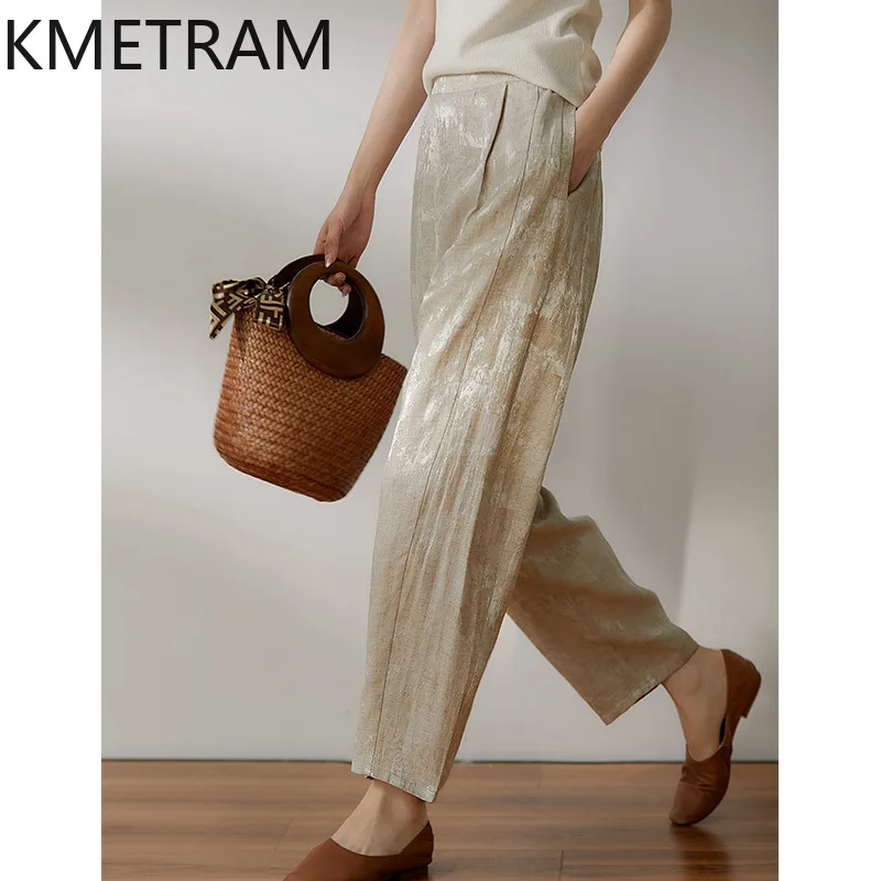 KMETRAM 27.3% Linen Pants for Woman New Chinese Style Jacquard Harem Pants Casual Summer Trousers 2026 Women Clothes pantalones