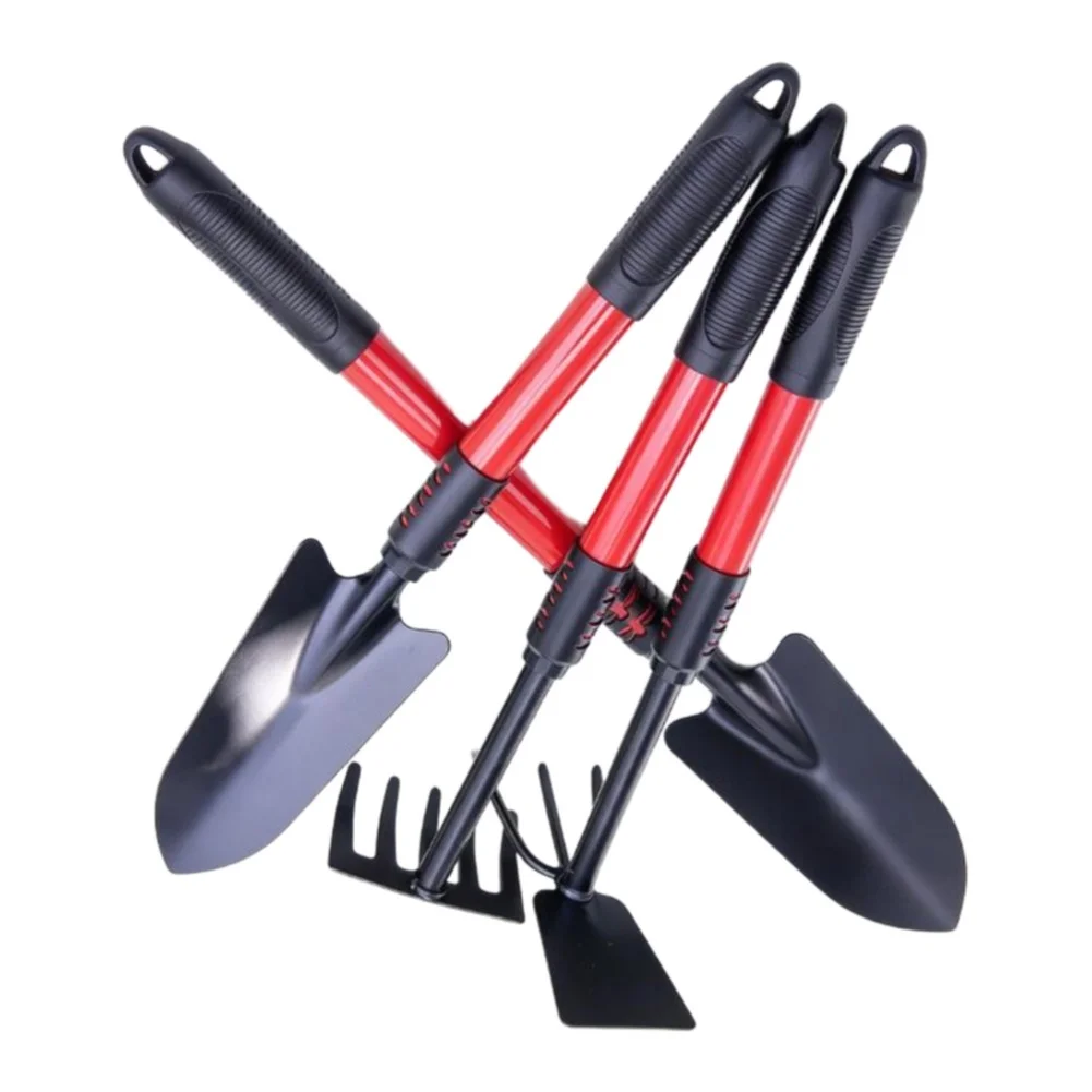 4 Piece Stainless Steel Garden Tool Set Rake Hoe Trowel Shovel with Rust Resistant Construction and Hanging Holes