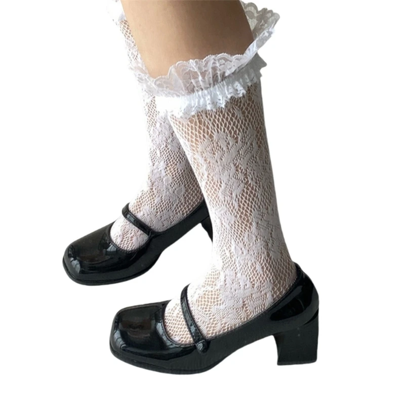 Ästhetisches Blumennetz für Damen, durchsichtige Wadensocken, Vintage, ausgehöhlt, durchsichtige Netzstrümpfe mit Rüschen,