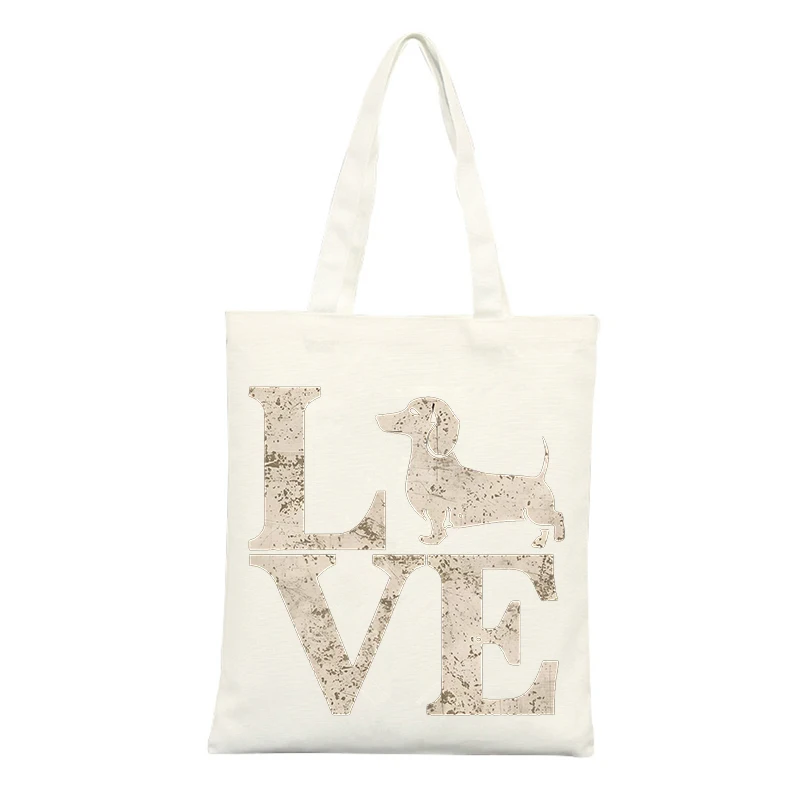 Canvas Tote Bag with Dachshund and LOVE Letter Print, Ideal for Casual Shopping and Daily Use