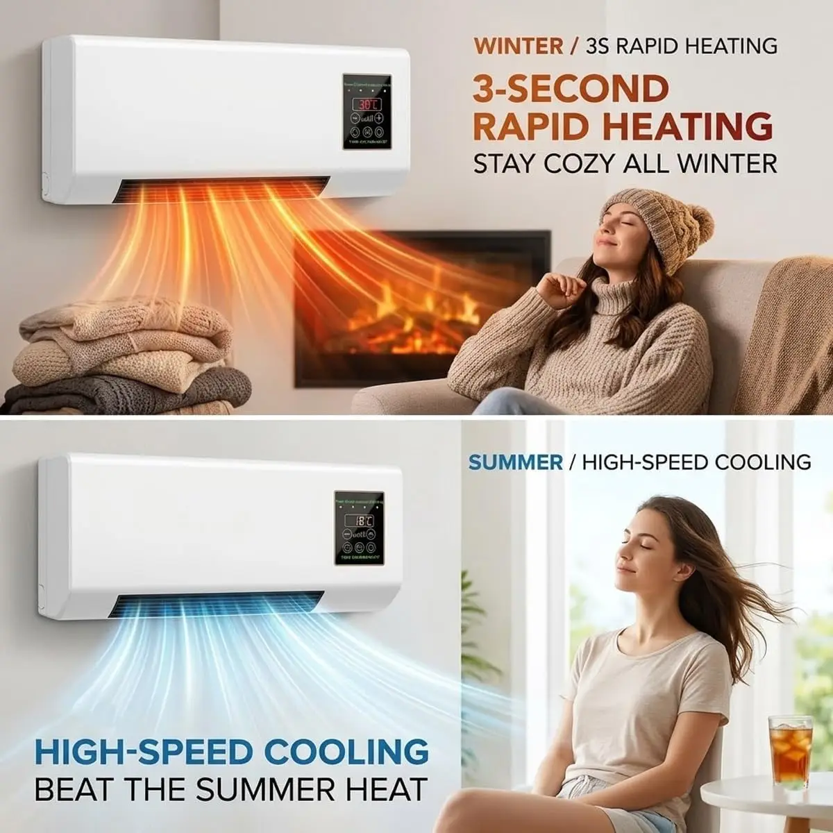 1800W Wall Air Conditioner Wall Mounted Mini AC Unit for Bedroom, 2 In 1 Smart PTC Ac Heater with Remote Control Timer, Space Heater and Fan Combo for RV Garage Fast Heating(White)
