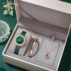 ColevKie Watch for Women Elegant Green Dial Leather Strap Ladies Wirstwatch Fashion High-end Diamond Quartz Watches Gift Sets