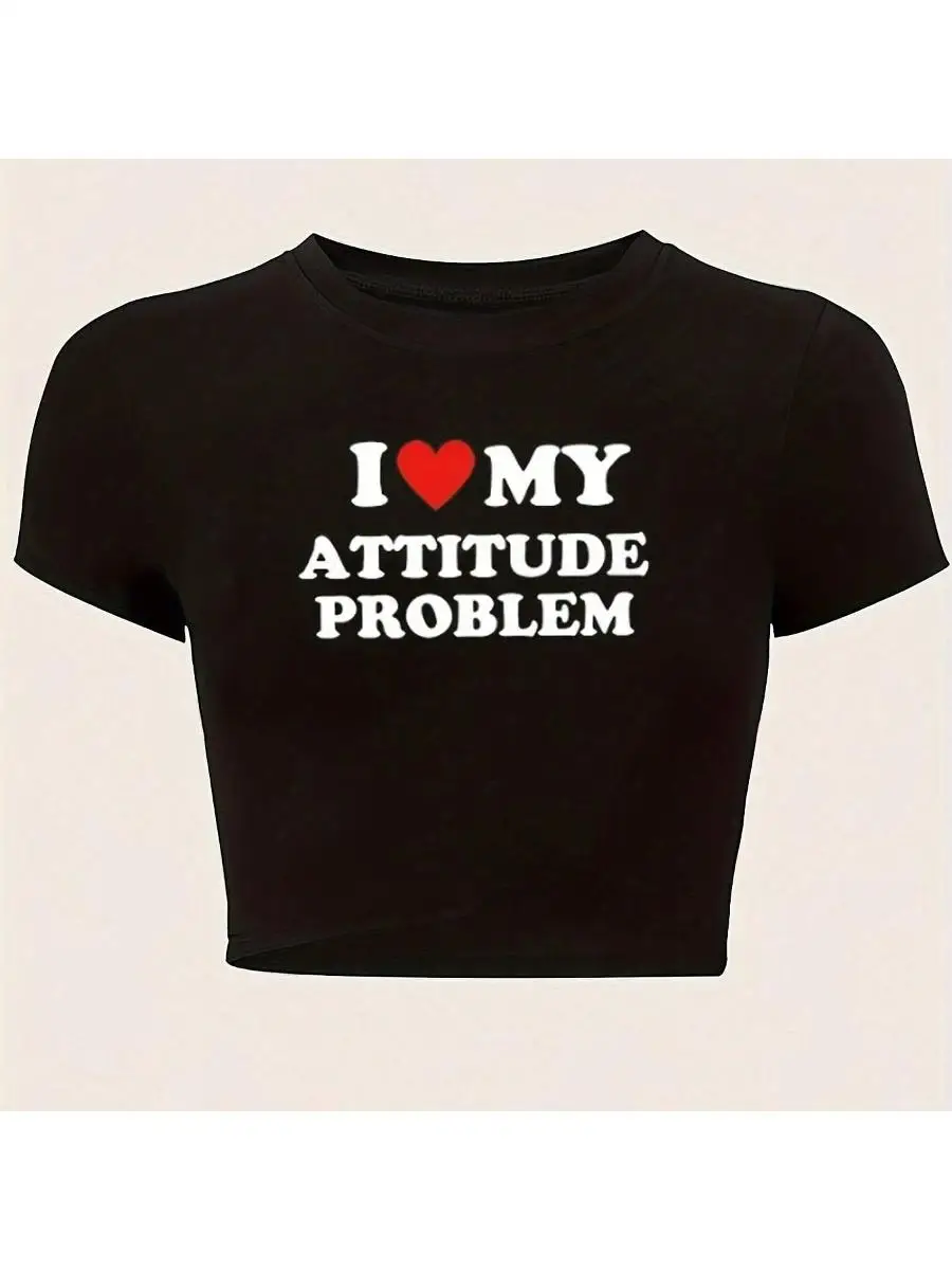 Heart Print Crop Slim T-Shirt, Y2K Short Sleeve T-Shirt For Spring Summer, Women s Clothing