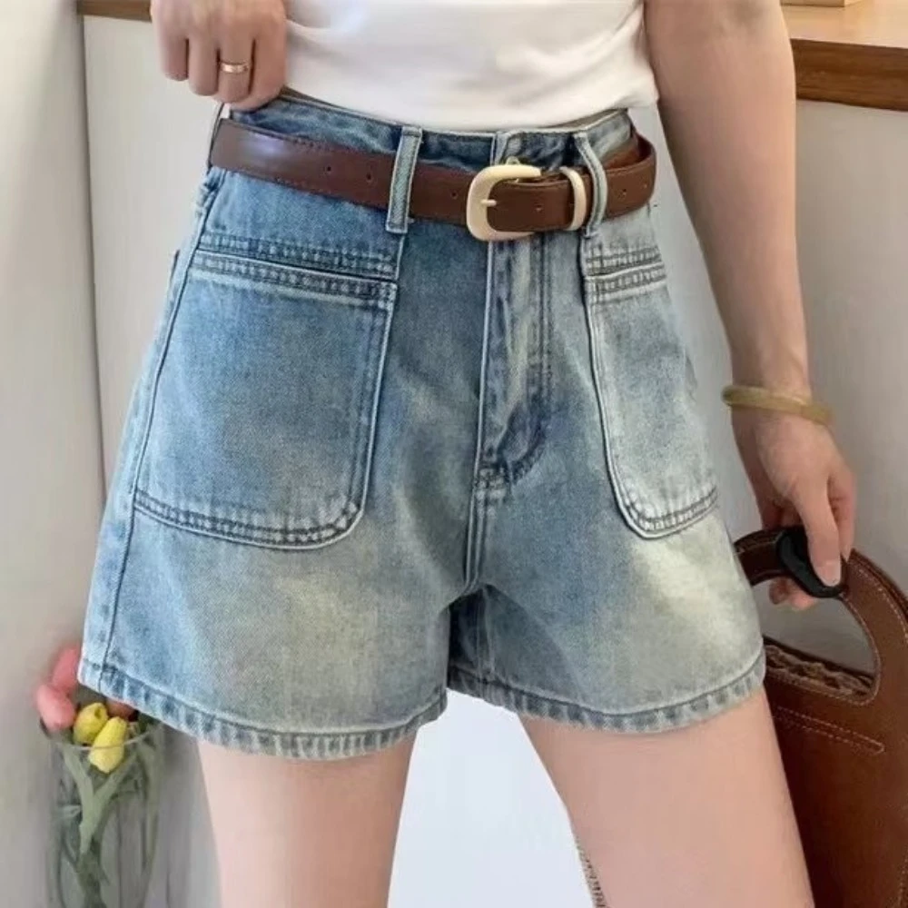

Two Pocket Denim Shorts Women Basic Wide Leg Baggy Blue Jeans Streetwear Y2K Ins Denim Pants Trousers Spring Summer