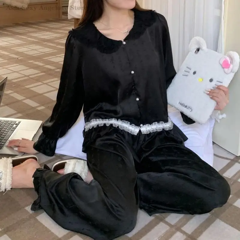 

Комплект пижам из жаккардового шелка Ice Silk, 2 предмета, в стиле французской принцессы, домашняя одежда, свободная повседневная одежда для сна, сексуальная кружевная ночная сорочка, пижамный костюм