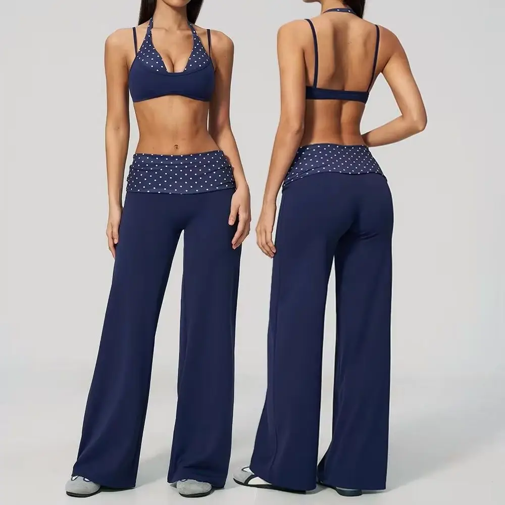 2pcs-yoga-suit-polka-dot-striped-women-tracksuit-gym-outfit-running-workout-fold-over-waist-wide-leg-flare-pants-yoga-clothing