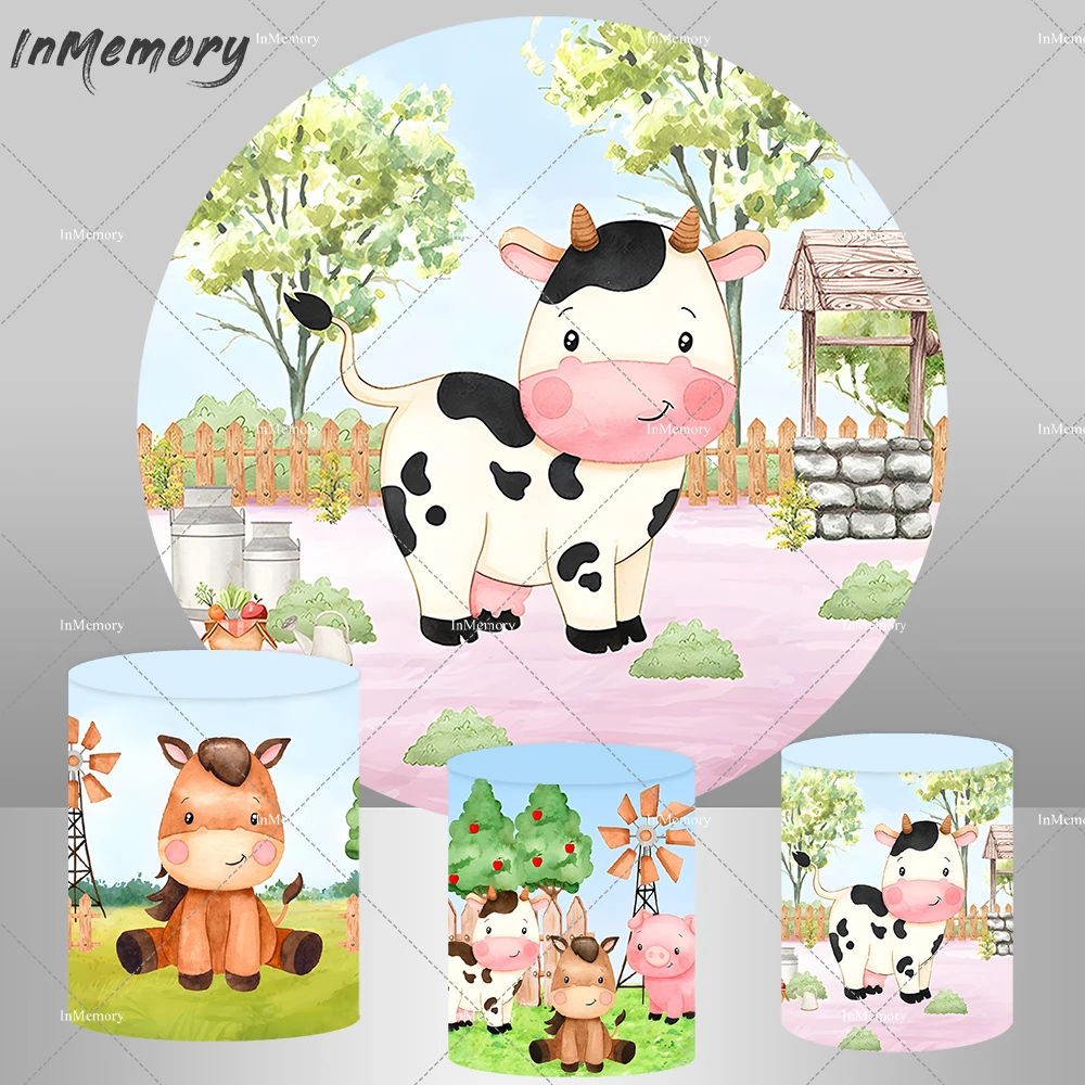 Farm Birthday Round Circle Backdrop Photography Prop Custom Barn Animals Cow Baby Shower Background Photobooth Cake Table Banner