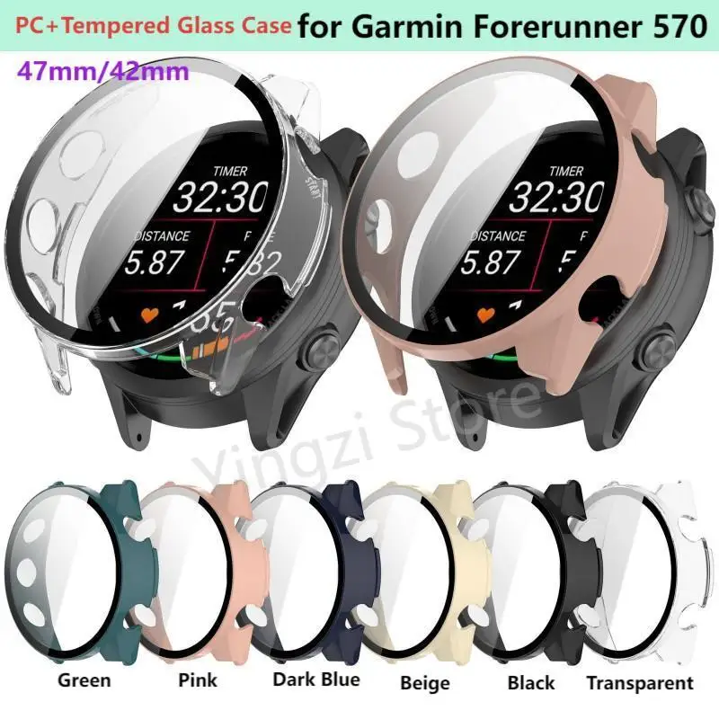 Tempered Glass Case for Garmin Forerunner 570 42mm47mm Smart Watch Screen Protector for Forerunner570 47MM42MM All-Around Bumper