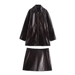 PB&ZA 2024 Early Autumn New Women's Fashion Long Sleeve Cotton Lapel Sheepskin Midi Jacket Straight Skirt Suit