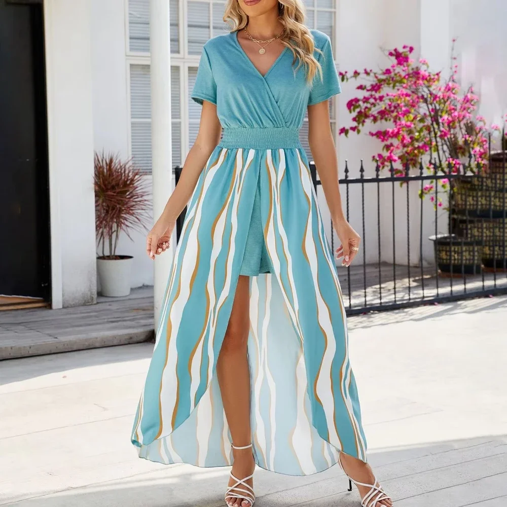 

FDEY Women's Short Sleeve Jumpsuit Slit Dress Printed V-Neck Pleated Cinched Waist Maxi Dress for Outing Vacation Casual