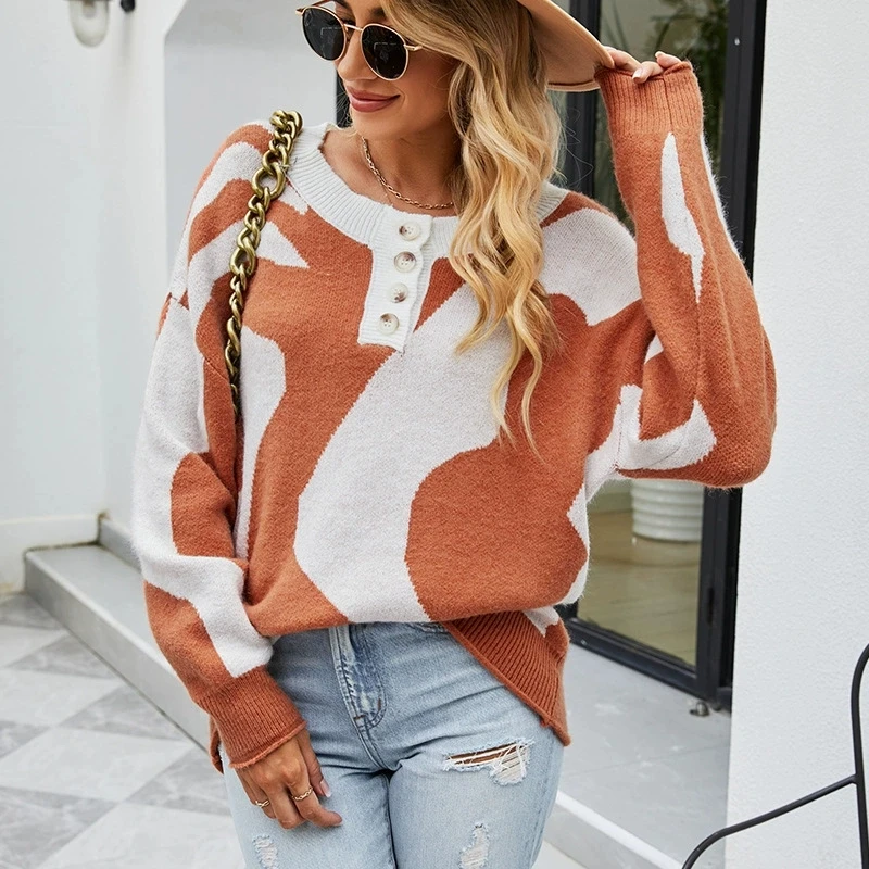 Color blocked Jacquard Knitted Elegant Fashion Shirt Winter New Collection Chest Button Hooded Sweater for Women