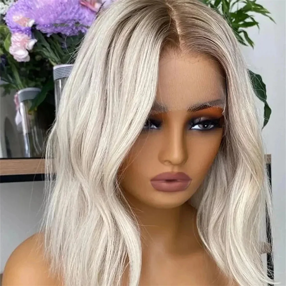 

Natural Wave Wig HD Transparent Lace Front Wig Dark Roots Ombre Platinum Blonde Short 13x4 Syntheic Fibre Blend Human Hair Wig